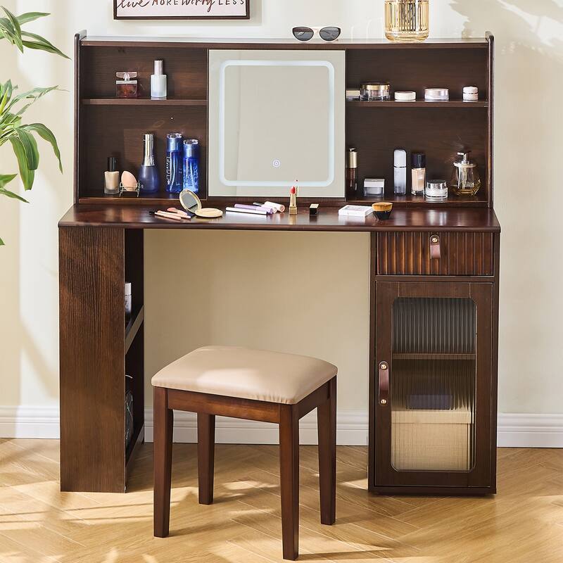 Mid-Century Modern Makeup Vanity Desk Set Includes Dressing Table & Stool, Sliding Makeup Mirror with 3-Color LED Light, Walnut - Walnut