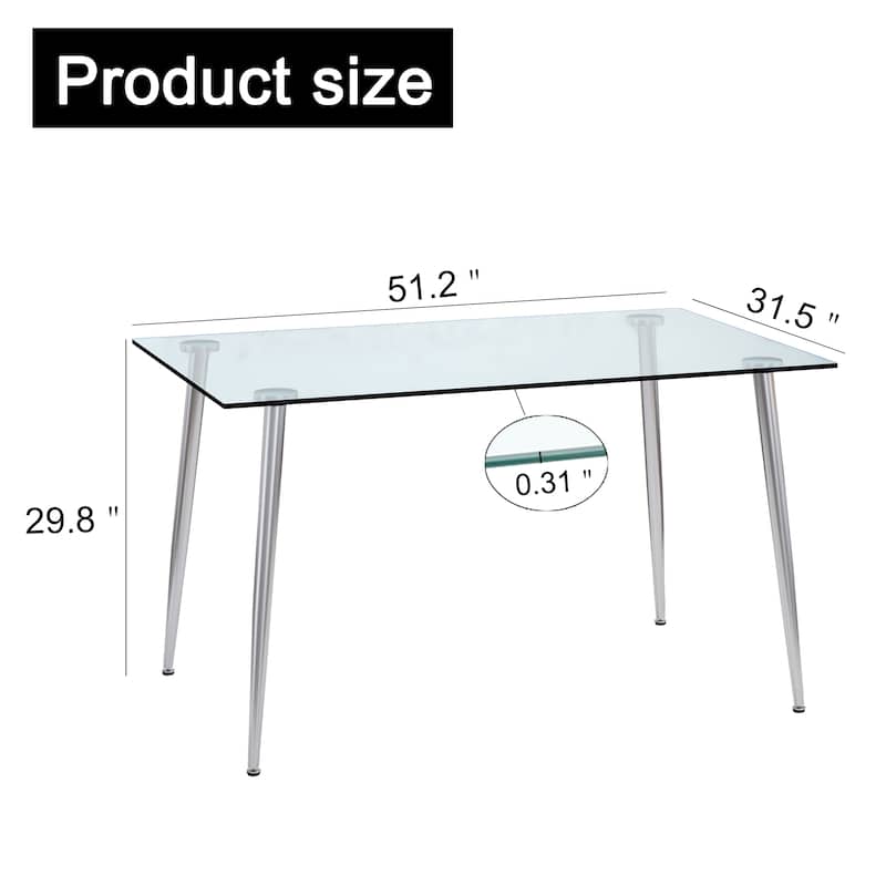 Modern Minimalist Rectangular Glass Dining Table for 4-6 with 0.31" Tempered Glass Tabletop and Silver plating Metal Legs