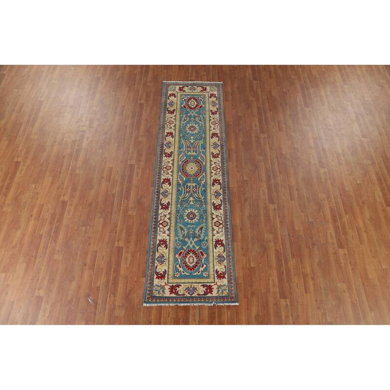 Blue Geometric Kazak Oriental Runner Rug Handmade Wool Carpet - 2'9" x 9'8"