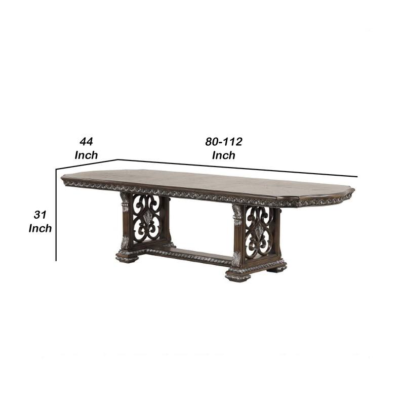 Naddy Dining Table, 80-112 Inch Extendable Top, Dark Brown Floral Motifs - Dark Brown