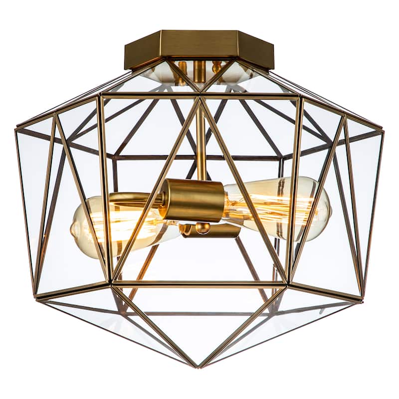 2-Light Brass Copper Flush Mount with Clear Tempered Glass