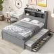 preview thumbnail 1 of 10, Full Size Platform Bed with Storage Headboard, 2 USB Ports & 2 Plugs, Twin-Size Trundle & 3 Drawers, No Box Spring Required White