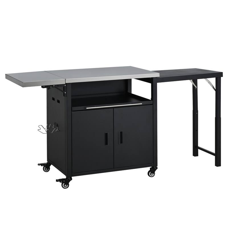 Foldable Outdoor Prep Station BBQ Cart with Trash Rack, Portable Kitchen Island Grill Cart with Foldable Top