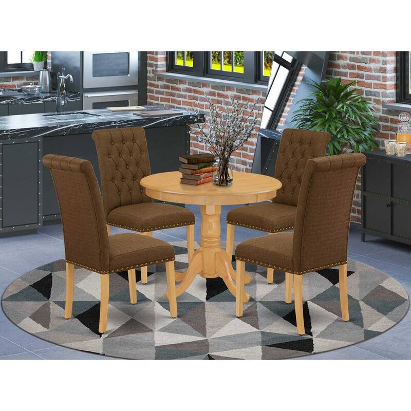 HomeStock 5-Piece Round Natural Oak Finish Solid Wood Top Dining Table with 4-Parson Chair with Lattice Back