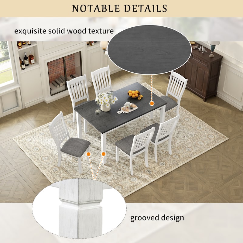 7 Piece Dining Table Set, Wooden Kitchen Furniture Set with Rectangle Table and 6 Upholstered Chairs with Shaped Legs