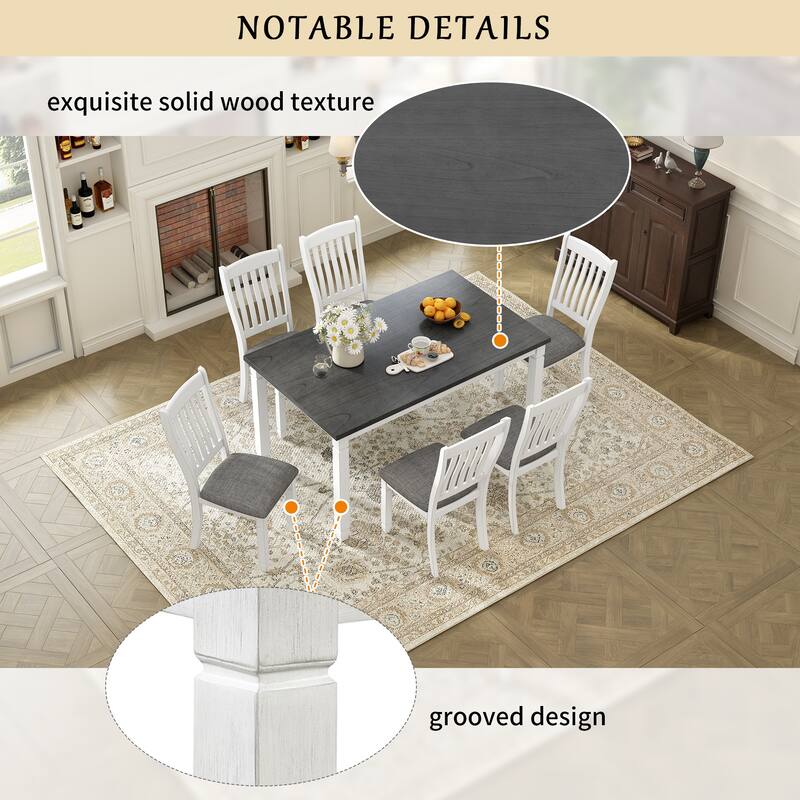 7-Piece Dining Table Set with Slat Back Upholstered Chairs, Wood Dining Table Set with Shaped Legs for Kitchen & Dining Room