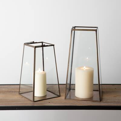 Curata Small or Large Glass Pane Modern Bronze Hurricane Lantern