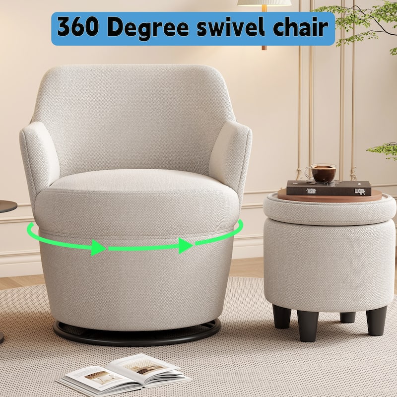 Swivel Accent Chair with Storage Ottoman, Modern Lounge Sofa Chair Barrel Chair Arm Chair with Nail Trim