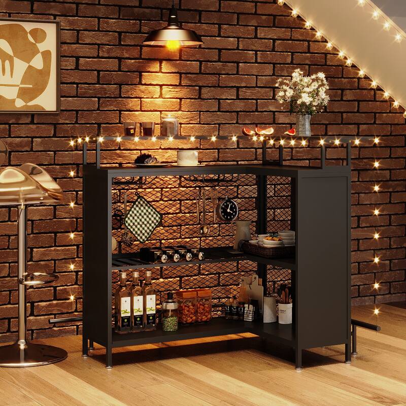 EROMMY L Shaped Bar Cabinet, 4-Tier Bar Table with Wine Rack and LED Lights, Corner Bar Stand with Storage, Liquor Cabinet