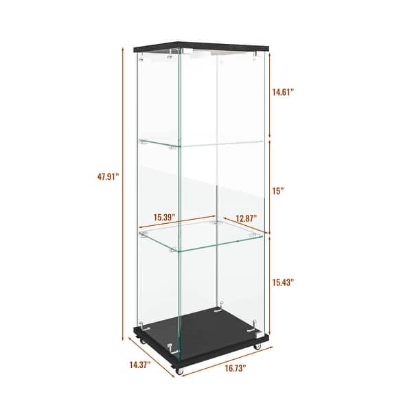 dimension image slide 3 of 24, Glass Display Cabinet with Doors & Locks, Acrylic Shelves, Floor Standing Storage Showcase for Home or Office
