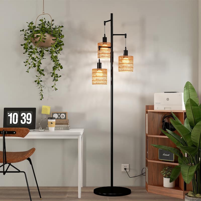 3 Light Standing Lamp Rattan Boho Tree Floor Lamps