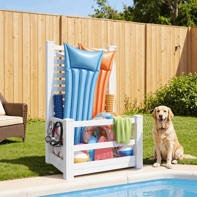 Waterproof Outdoor Pool Storage Bin with Hooks, Basket Holder or Long Panel for Poolside & Patio