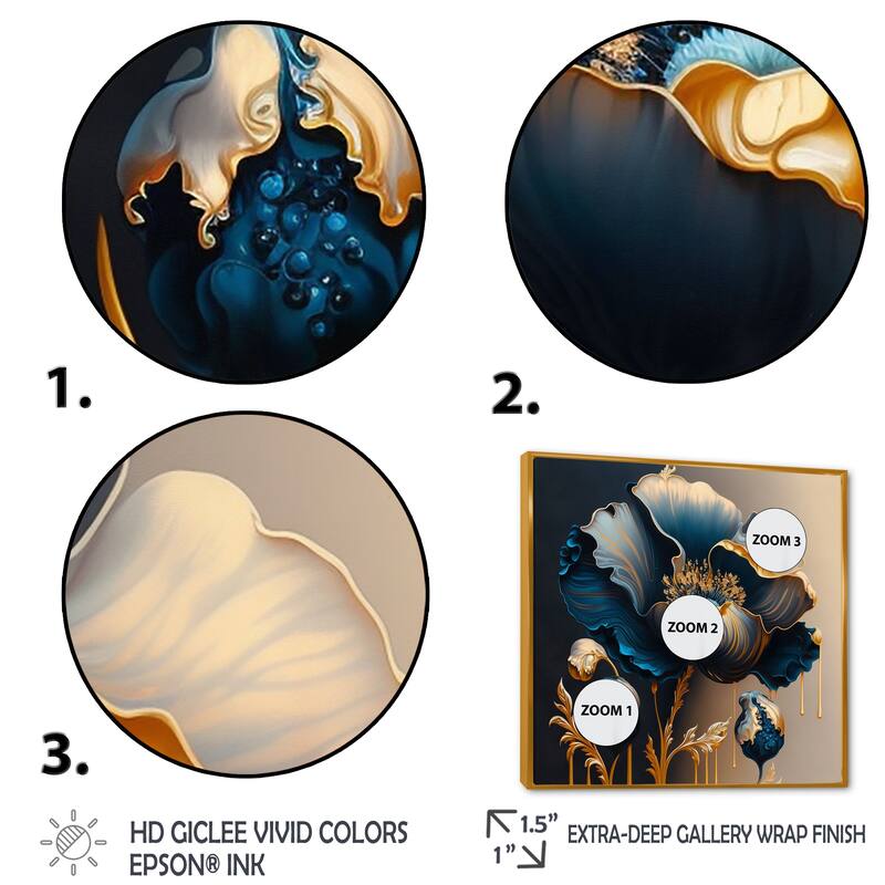 Designart "Deep Blue And Gold Single Flower V" Floral & Botanical Framed Canvas Art Print