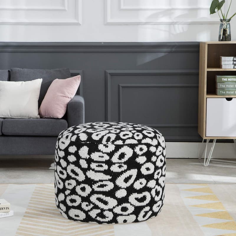 18" White and Black Leopard Print Round Pouf Ottoman