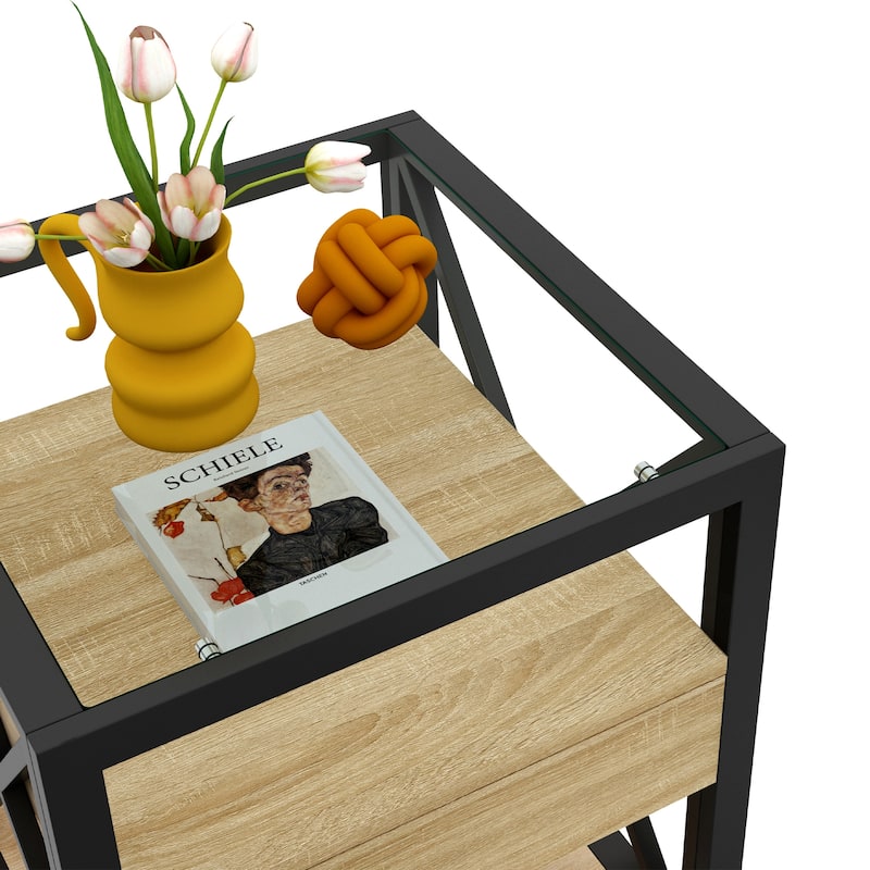 Set of 2 Modern End Table with Drawer - Nightstand,Rustic Wood Grain MDF & Tempered Glass Top,Industrial Style Side Table