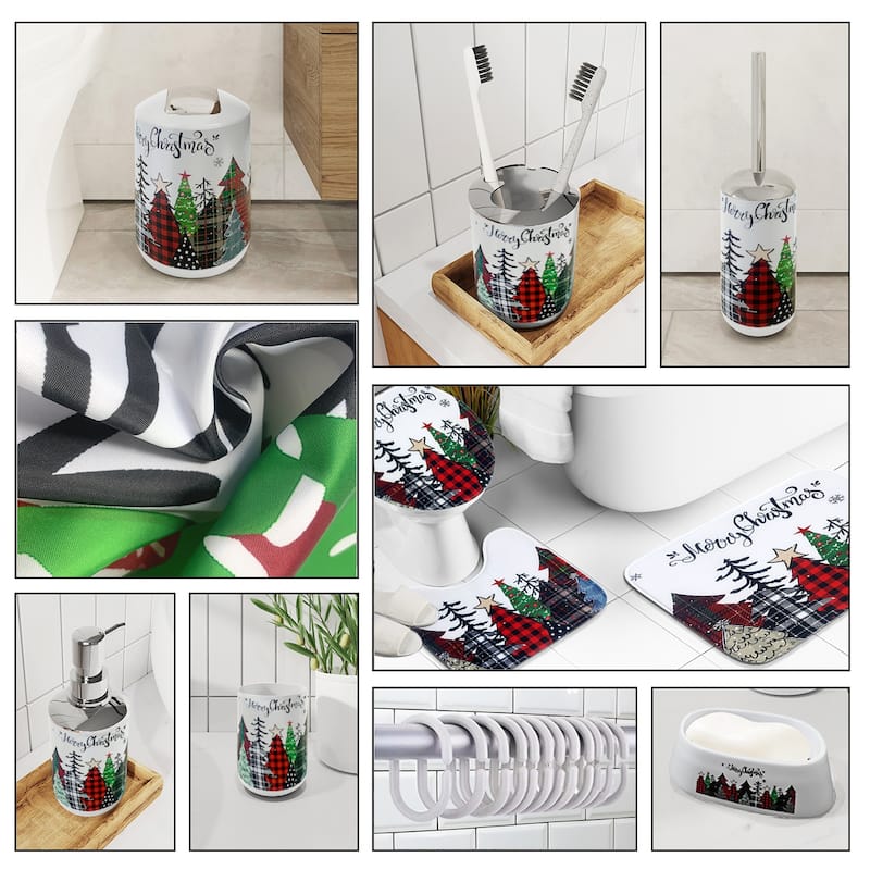 Empyrean Christmas Bathroom Set - Holiday Shower Curtain & Accessories with Soap Dispenser, Toilet Brush & Trash Can