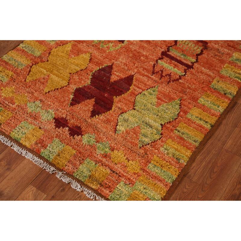 Geometric Orange Moroccan Oriental Runner Rug Hand-Knotted Wool Carpet - 3'1" x 9'9"