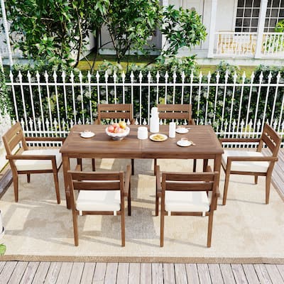 7-Piece Acacia Wood Outdoor Dining Table And Chairs with Cushion Suitable For Patio, Balcony Or Backyard