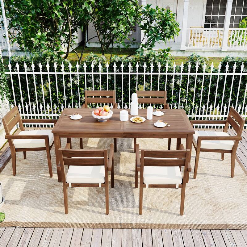 Roomfitters 7-Piece Acacia Wood Outdoor Dining Set with Cushions, 6 Armchairs and Rectangular Table for Patio Garden