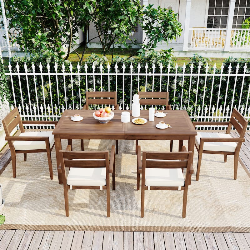 7 Pieces Acacia Wood Outdoor Dining Set with Cushions,Modern 6 Chairs and 1 Large Table, Dining Furniture Set