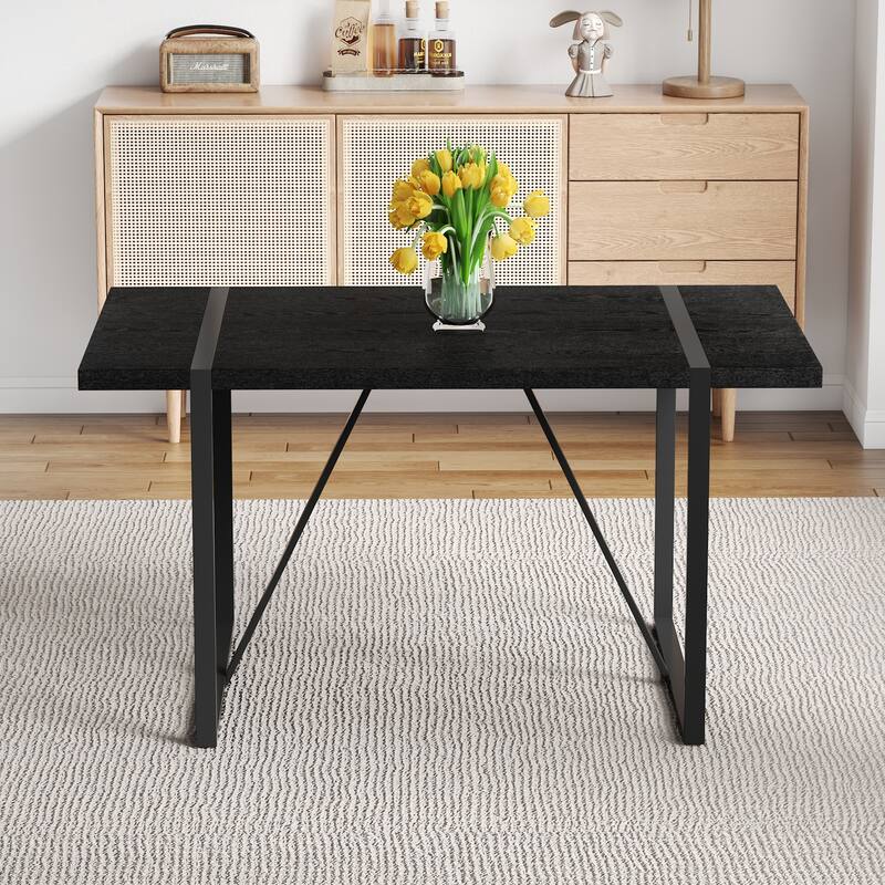 55-Inch Minimalist Retro Rectangular Dining Table, Black Textured Top with Inset Black Metal Legs
