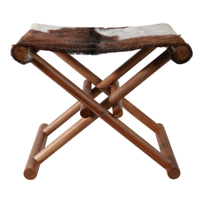 Foldable Backless Cowhide Storage Stool with Solid Wood Frame