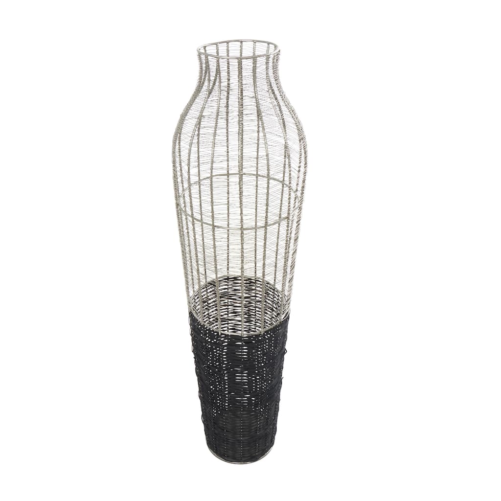 Metal Tall Decorative Vase with Woven Black Rattan Base - Silver - Roche River Decor