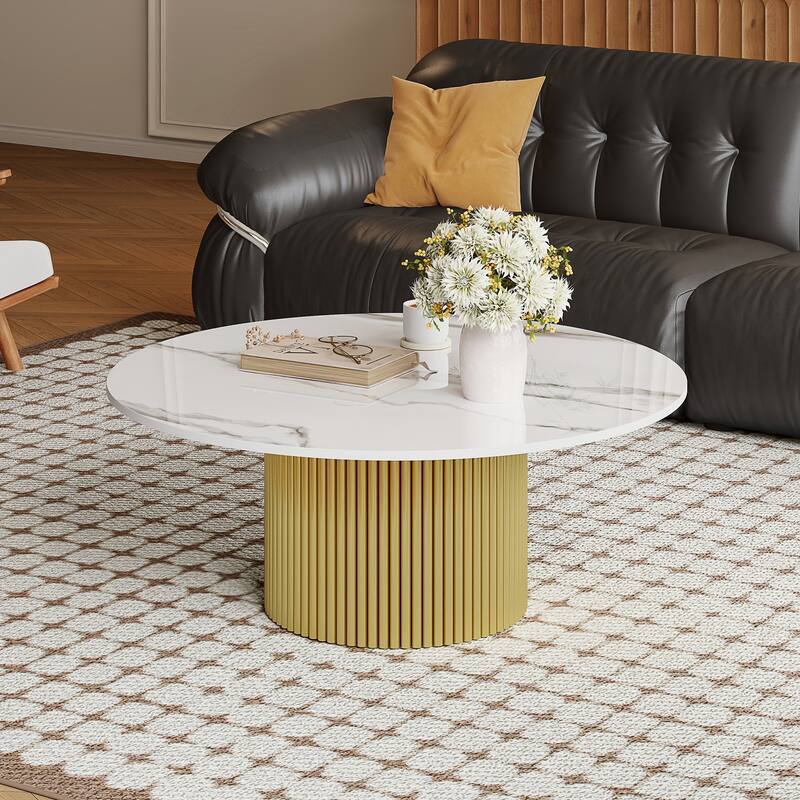 35.43" Modern Round Coffee Table, Glossy Sintered Stone table top, Gold Stainless Steel
