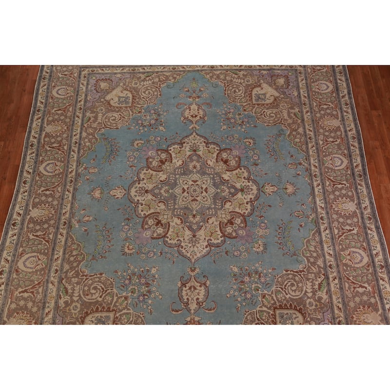 Blue Tabriz Persian Vintage Area Rug Handmade Wool Carpet - 9'6" x 12'8"