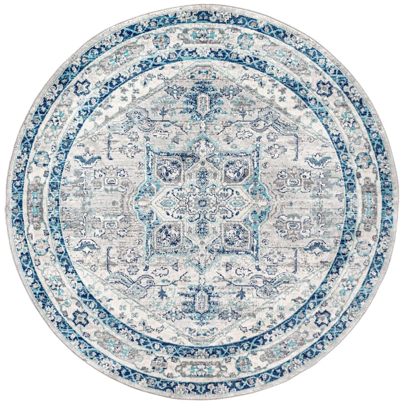 JONATHAN Y Traditional Persian Vintage Medallion Area Rug - 5' Round - Light Grey/Blue