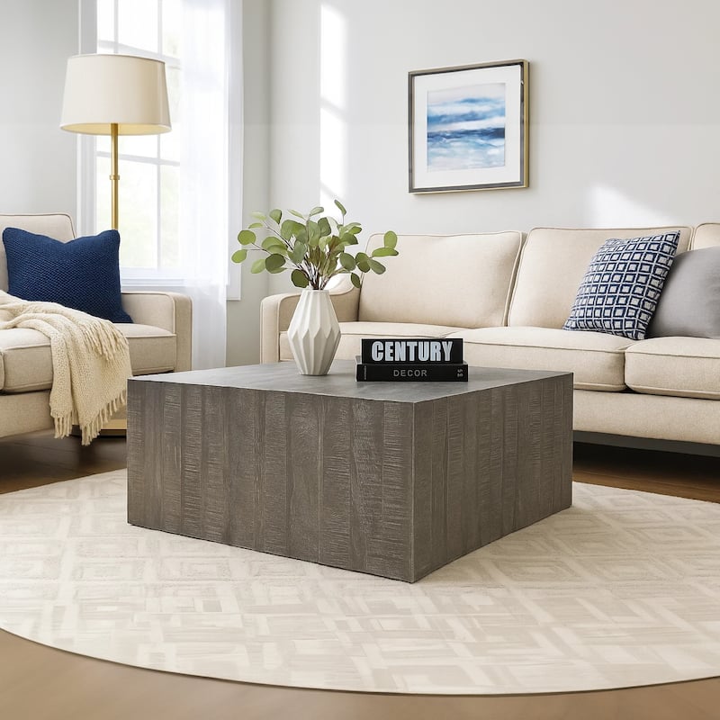 Rydan Coffee Table 33 Inch Square Block Top Sandblasted Gray Mango Wood