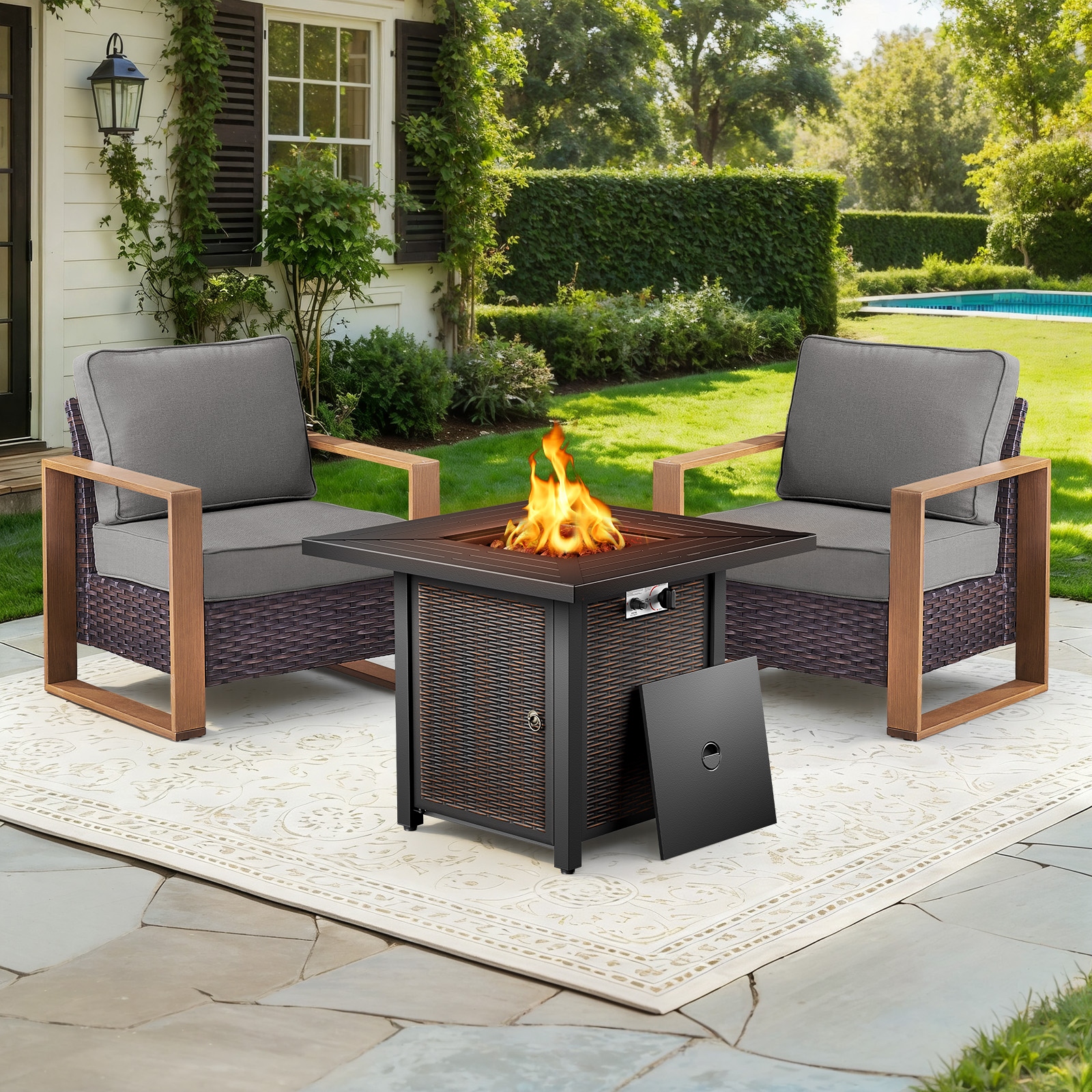 Meyreso 3-Piece Wicker Patio Conversation Set with Metal Fire Pit & Plush 4.5" Olefin Cushions