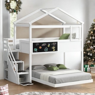 Artsy House Roof Shape Design Twin over Full Wood Bunk Bed with Storage Staircase and Blackboard, Solid Construction, White