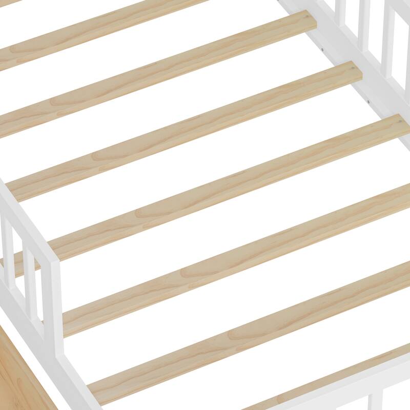 Twin Wood Storage Bed with 3-Side Guardrails, Underbed Drawers & Headboard Storage