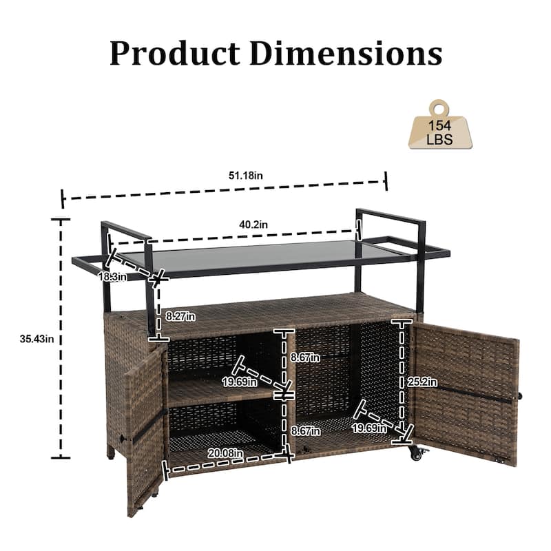 Outdoor Wicker Bar Cars with Glass Top for Porch Backyard Garden Poolside Party