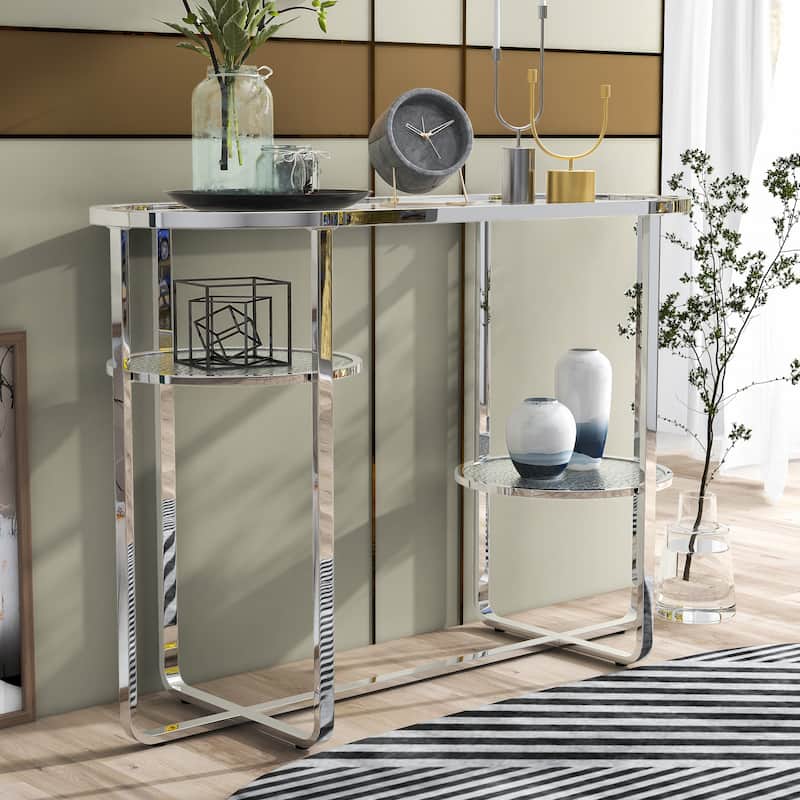 Kaldwell Glam Chrome 42-inch Glass Top 2-Shelf Sofa Table by Furniture of America