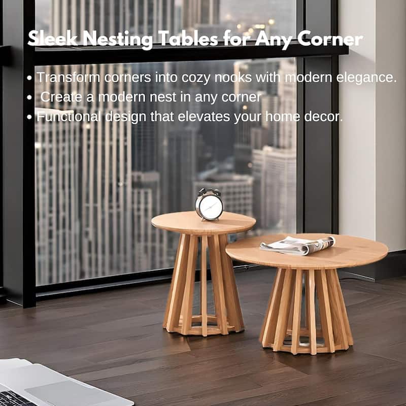 Mid-Century Round Nesting Coffee Table Set of 2 Blonde Wood Finish - 24x14 16x17