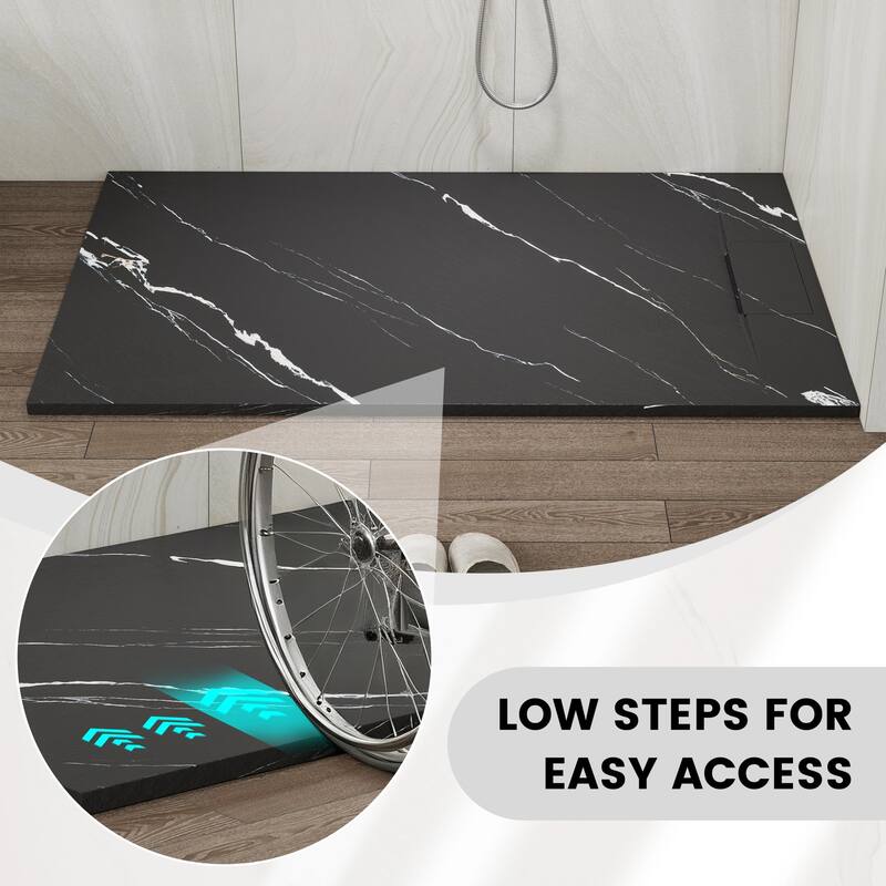 SMC Alcove Shower Pan Base with Reversible Drain, Low Profile, Wheelchair Access, Slip-Resistant, cUPC Certified