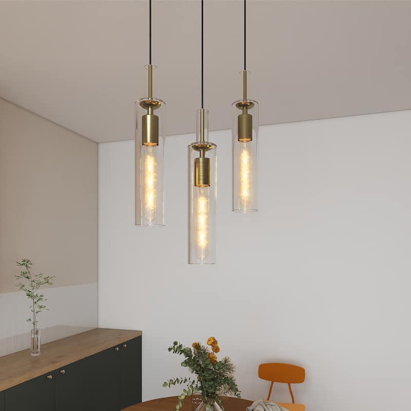 3-Pack Gold Pendant Lights - Clear Striped Glass - Farmhouse - Kitchen Dining - Gold