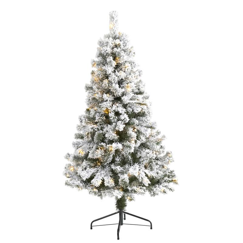 5ft Pre-Lit Artificial Christmas Tree - Flocked Frosted Fir with Stand & 150 Lights - Holiday Decor - White - 26