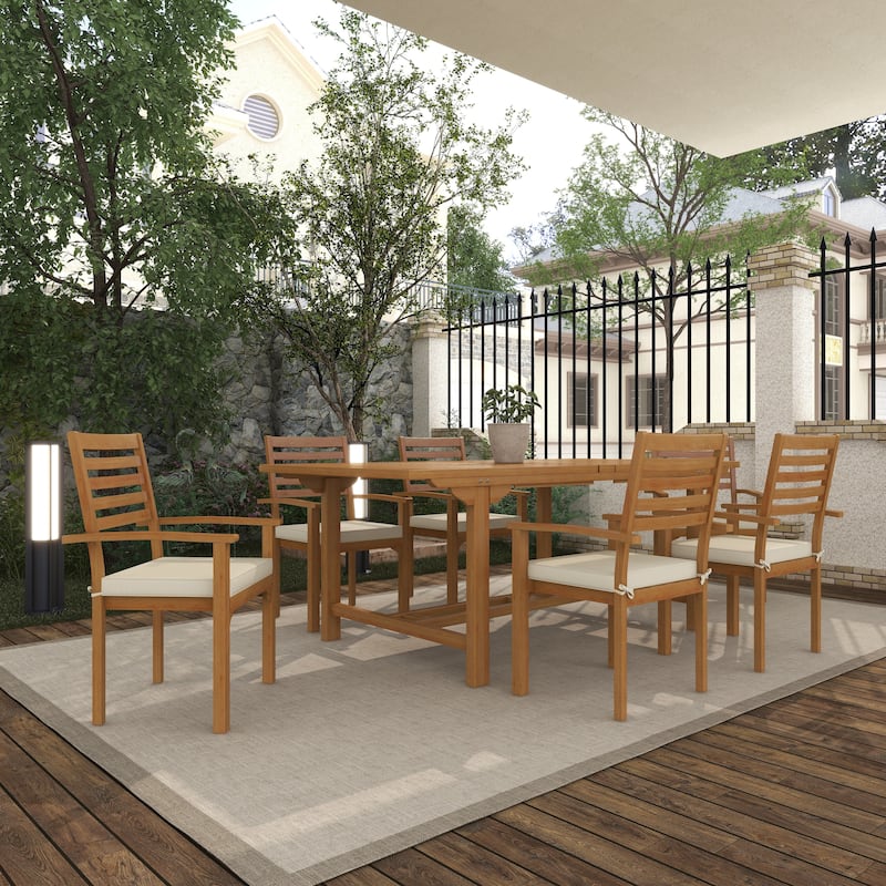 Brown Teak Wood Patio Outdoor Dining Set with White Cushions and Extendable Table Leaf (Set of 7) - 83"W, 30"H(A+B)