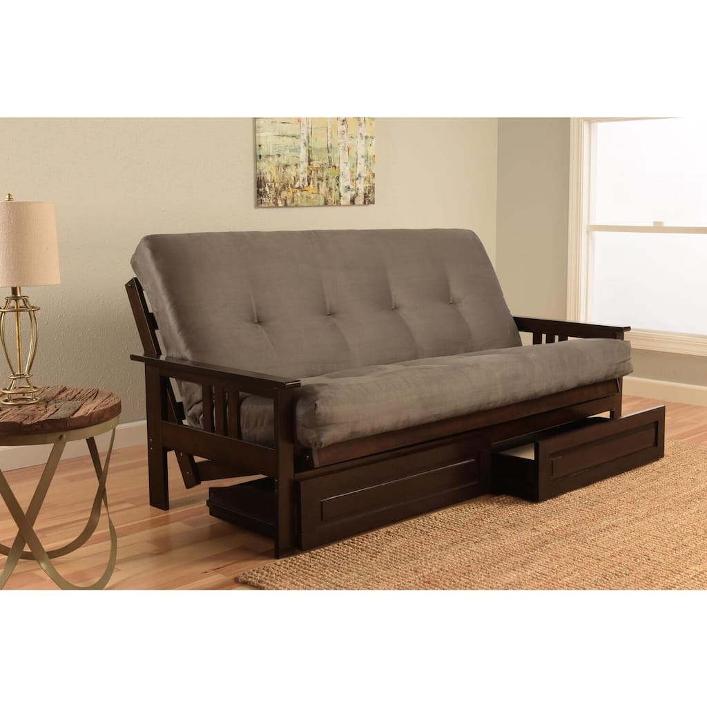 79 in. Espresso/Suede Gray Polyester Upholstered Full Size Futon Set with Mattress and Storage Drawers