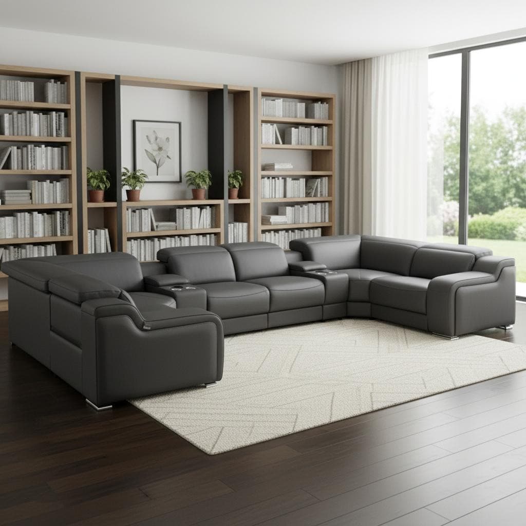 HomeRoots Dark Gray Italian Leather Power Reclining U Shaped Eight Piece Corner Sectional With Console