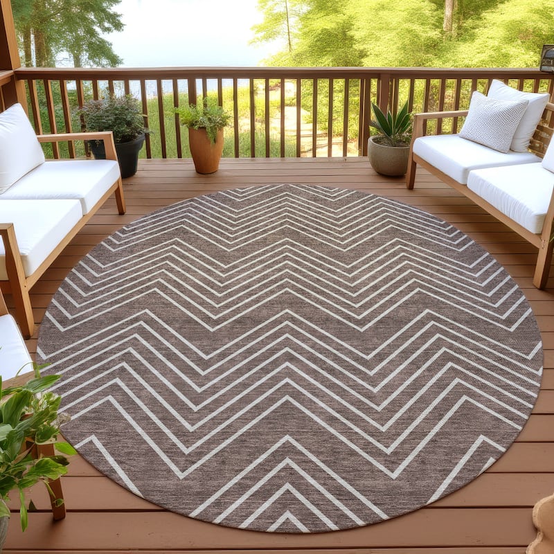 Machine Washable Indoor/ Outdoor Modern Chevron Chantille Rug - Brown - 8' x 8'