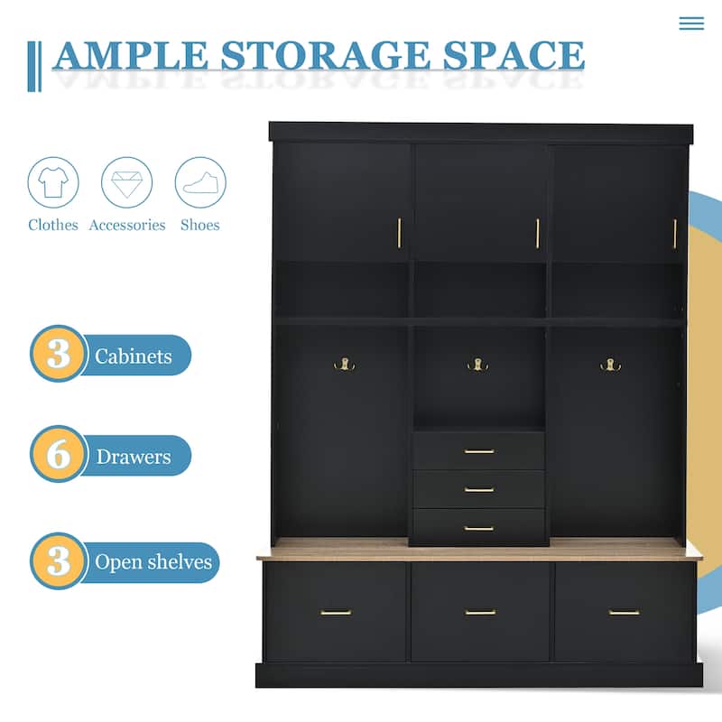 75" Entryway Hall Tree with Bench 5-in-1 Modern Storage Bench with Coat Rack, 6 Drawers, Cabinets & Shelves for Hallway, Mudroom