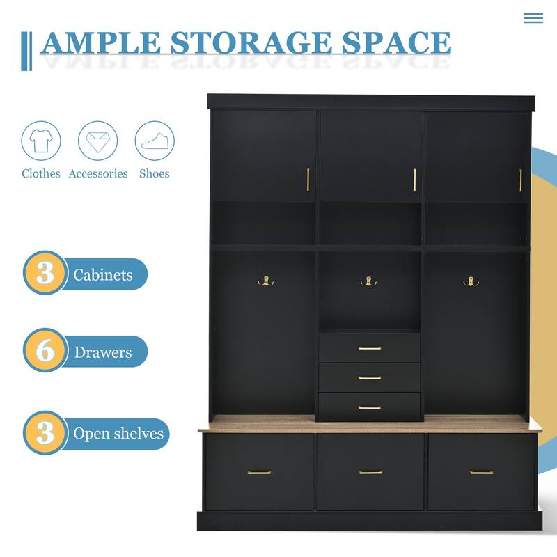 75" Hall Tree with Bench, 6 Drawers, 3 Cabinets & Coat Rack, 5-in-1 Entryway Storage