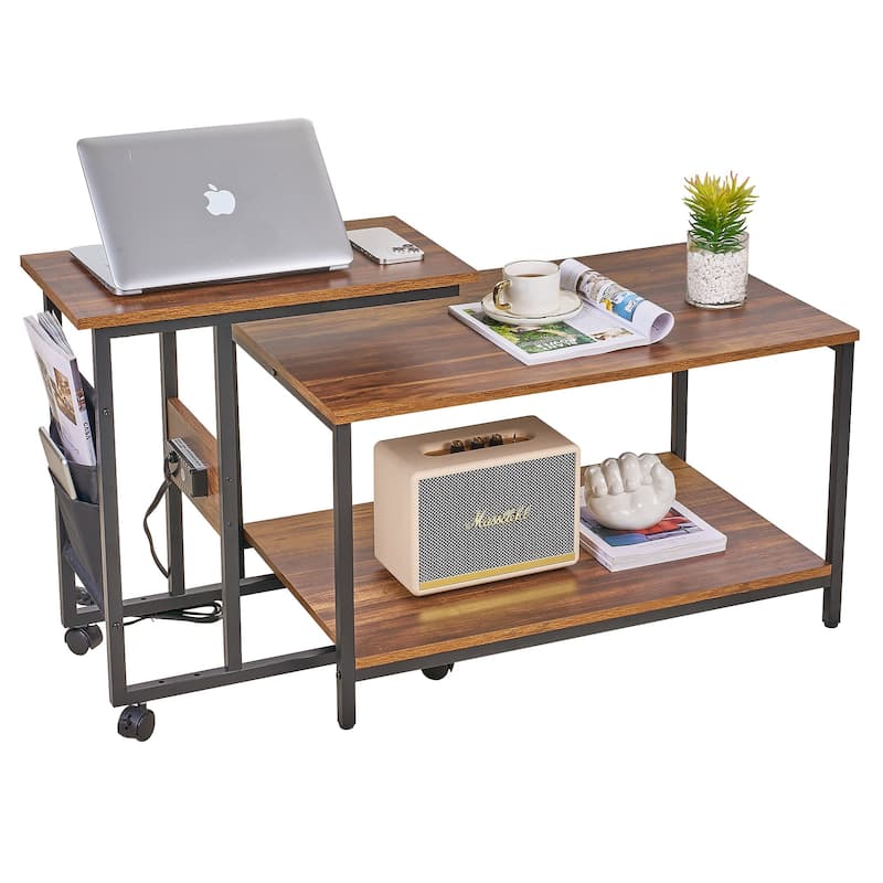 VECELO Coffee Table Set of 2 Coffee Tables and Side Table Set with Charging Station C Shaped End Table with Wheels