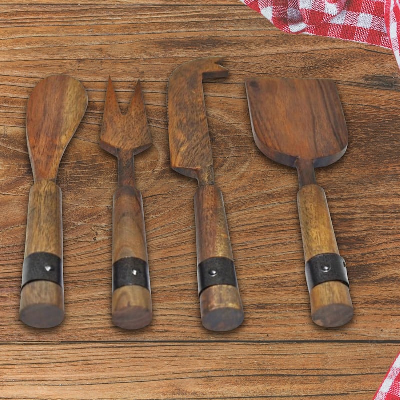 IH Casa Decor Gray Acacia Wood With Riveted Gunmetall 4 Pc Cheese Cutlery Set - Grey