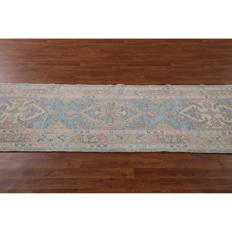 Handmade Vegetable Dye Oushak Turkish Runner Rug Blue Wool Carpet - 3'1"x 11'3"