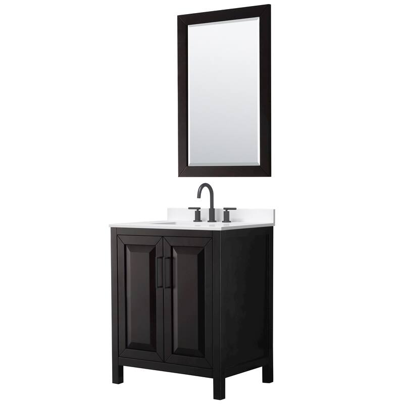 Daria 30-inch Single Vanity, 3 Hole Quartz Top, 24-inch Mirror - Dark Espresso, Black Trim, White Quartz Top
